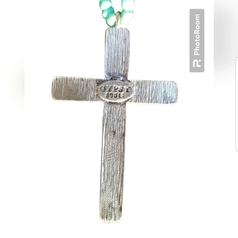 GYPSY SOULE TURQUOISE & SILVERTONED CROSS PENDANT SOUTHWEST NECKLACE